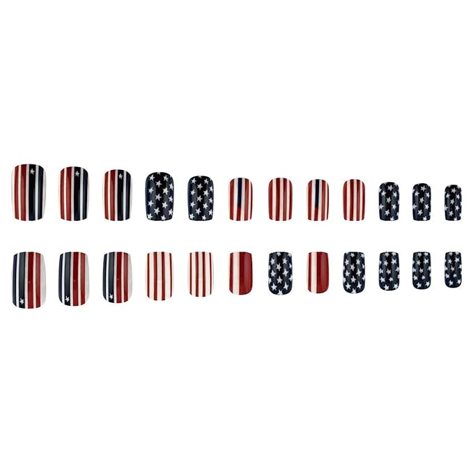 4th of July Press on Nails Medium Square MABKJLF Fake Nails False Nails with Stars Stripes Designs Full Cover Glossy Glue on Nails Blue Red White Acrylic Nails for Women Girls 24 Pcs