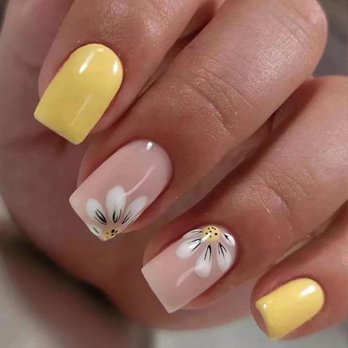 6 Packs (144 Pcs) Short Press on Nails Square Fake Nails Flower Press on Nails Summer Spring Acrylic Glue on Nails Full Cover Cute False Nail Tips Stick on Nail for Women Manicure 12 Size - 6 Style