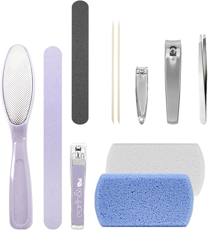 Earth & I 11 Pcs Pink Manicure Pedicure Kit, Mani Pedi Kit for Women, Nail Clippers for Ingrown Toenail, Heel Scrubber, Callas Remover for Feet, Foot Pumice Scrubber, Nail File Buffer, Nails Clippers