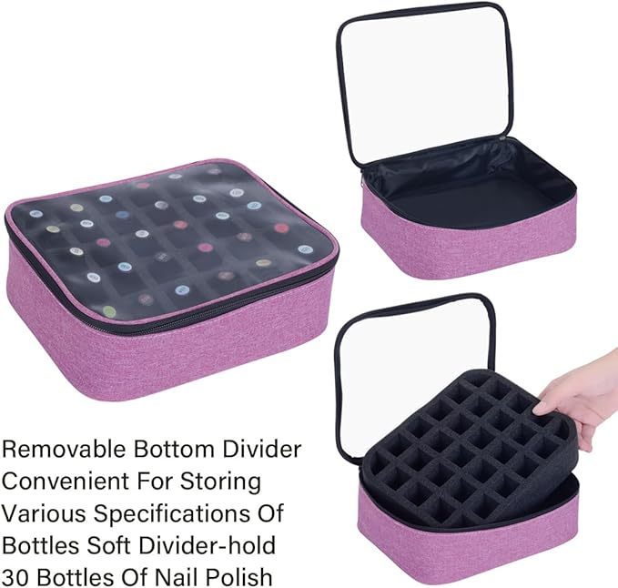 Small Clear Nail Polish Organizer Holds 30 bottles(15ml-0.5fl.oz) Nail Polish Case Multifunctional Nail Polish Bag organizer, Cosmetic Travel Makeup Cases for Women Purple