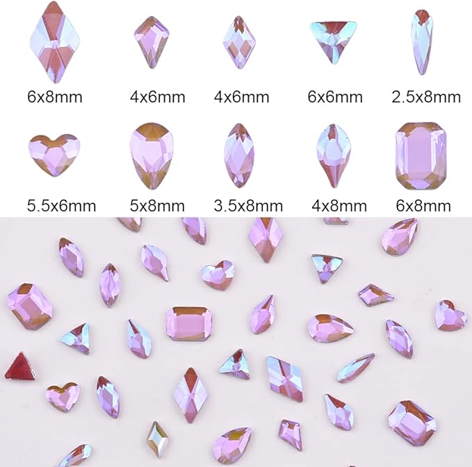 Mix 100pcs Aurora Purple Iridescent Flatback 3D Nail Gems Crystal Shape Diamond Charms Decoration Rhinestones for Nails Accessory