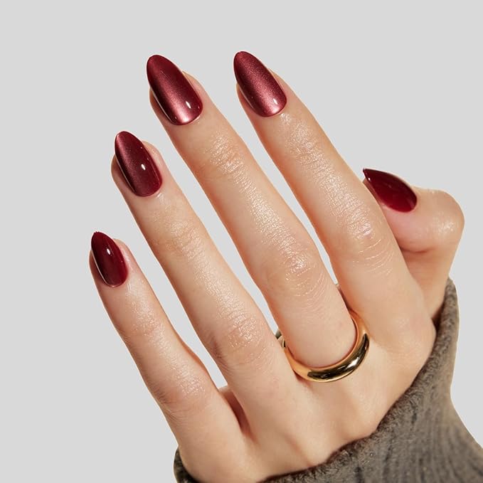 LAMIMOSA 32Pcs Burgundy Red Cat Eye Press On Nails Short Almond – Soft Gel Fake Nails kit in 16 Sizes, Reusable Glue on Nails, SPARKLING RED