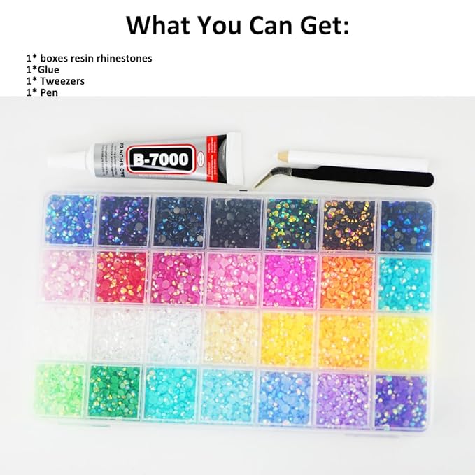 22000PCS Resin Rhinestones for Crafting, 28 Multicolor Mixed 3mm 4mm 5mm Non-Hotfix Stones, Bulk Colorful Jelly AB Bedazzling Gems with B7000 Glue for DIY Crafts for DIY Art