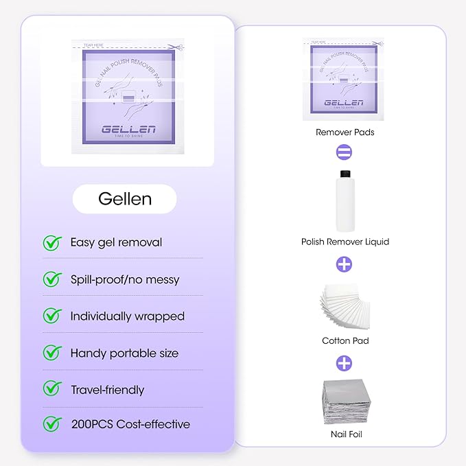 Gellen Nail Polish Remover Pads 100% Non Acetone, 100 Pack of Individually Wrapped Bulk Set Gel Nail Polish Remover Wipes, Skin-Care Formula, Travel Kit for Home & Professional Removal