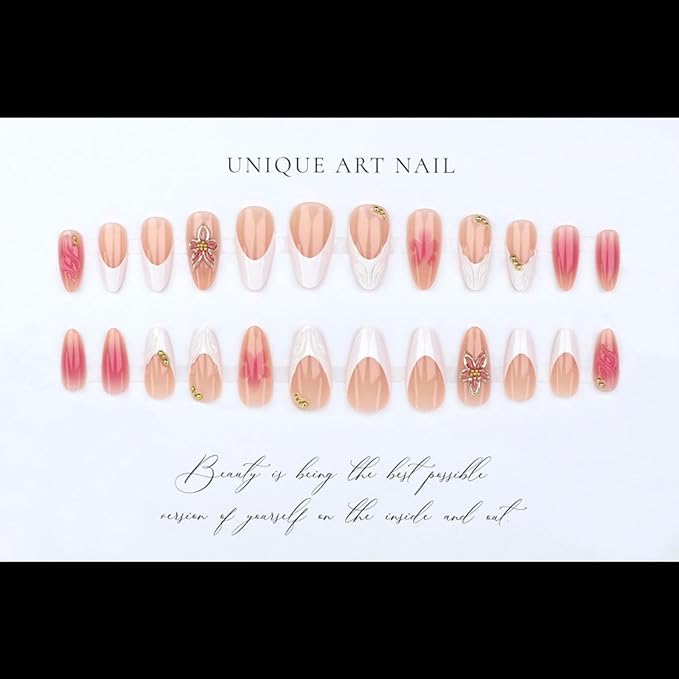 Press on Nails Medium Almond Flower Acrylic Kit Fake Nails,3D Texture Gilded Floral Gold Bead, White French False Nails, Artificial Glue on Nails Stick on Nail for Women