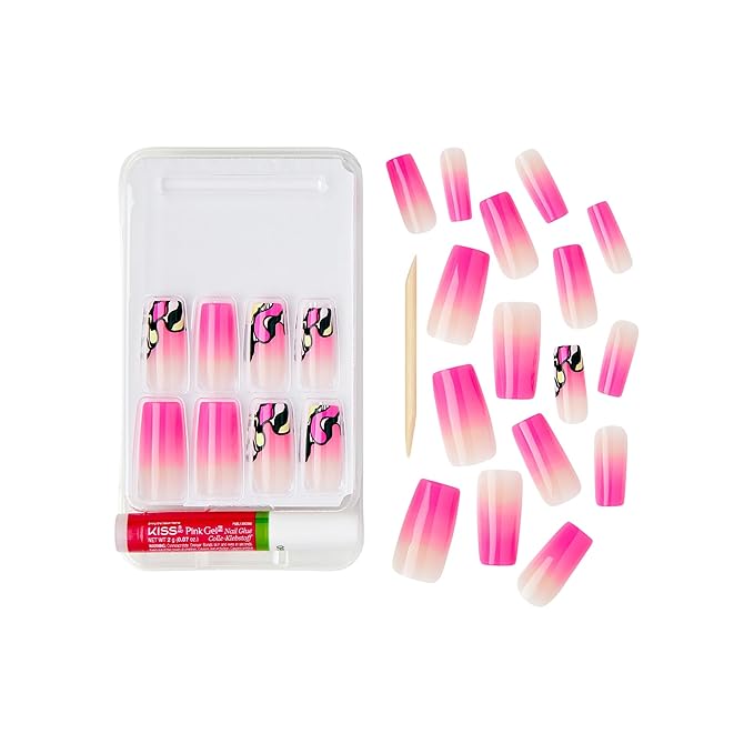 Goldfinger Trendy False Nails Kit, Long Square Design Nail, Playful Classic Vibrant Pink Abstract Print, Ready to Wear Gel & Manicure Stick Included, Long-Lasting Convenient & Easy to Apply