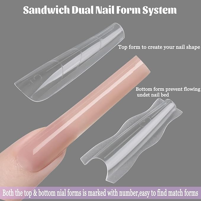 Sandwich Dual Nail Forms for Builder Gel, 180PCS Nail Forms with Brush Pen File Polygel Extension Tools Kit Top & Bottom Dual Form System Guide Lines Tips Professional Manicure Supply (Coffin)