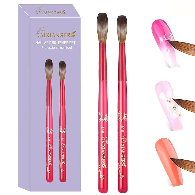 2Pcs New Year Acrylic Nail Art Brush Set -Size 10/14, Red Handle Nail Brushes for Acrylic Application Powder & Nail Extension, 3D Nail Carving Tools for DIY Home Salon Manicure