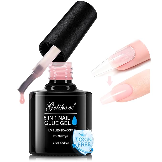 Gelike EC Gel Nail Glue UV Light: Pink 6 in 1 Adhesive Gel Nail Polish, Strong Nail Glue for Press On Nails Nails Acrylic Tips, Long Last - Nail Art Gift for Home Salon Beginner DIY