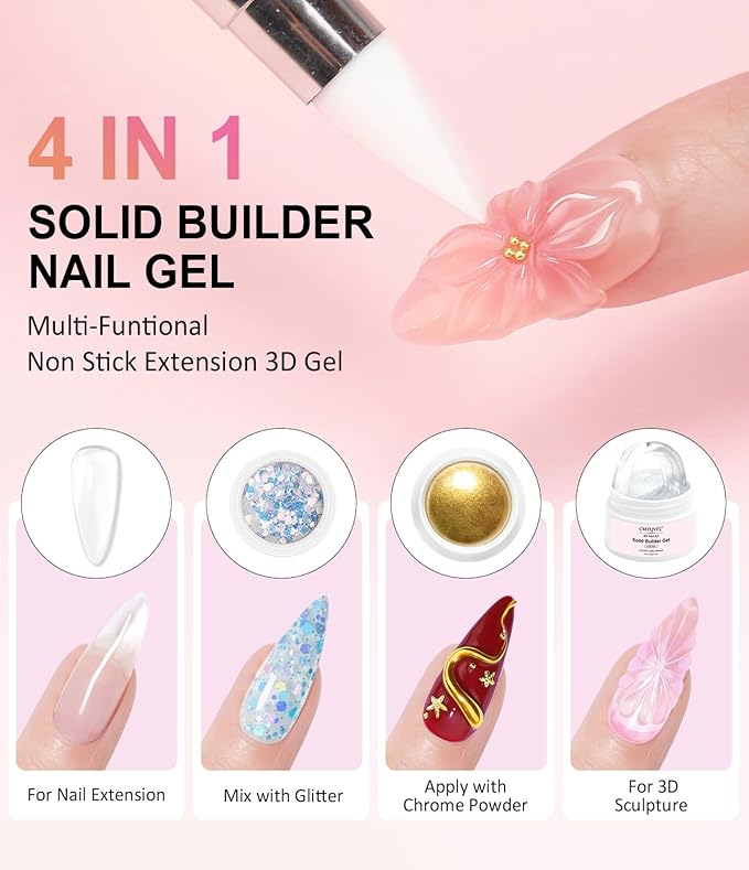 Solid Builder Gel and Gold Chrome Nail Powder CMTQVFL - 4-in-1 Non-Sticky Hand 3D Nail Art with Silver Gold Chrome Powder Clear 3D Hard Sculpting&Extension for Decoration DIY- White Pearl