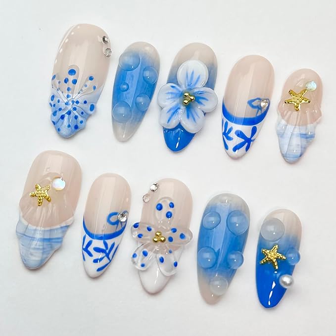 Luxury Press on Nails Medium Almond Handmade 3D Unique Reusable ABS Material Fake Nails Blue French Tip False Nails with Designs Starfish Flower Art Petal Glossy Glue on Nails Thick Acrylic Nails(M)