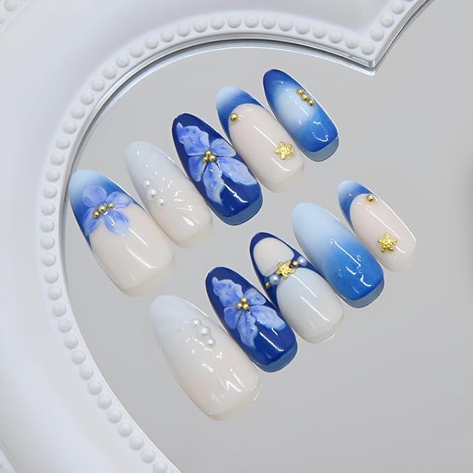 Blue Press on Nails Medium Almond Fake Nails French Tip Glue on Nail Flower Nails Press Ons with Rhinestones Design Glossy False Nails Acrylic Stick on Nail for Women Decorations 24Pcs