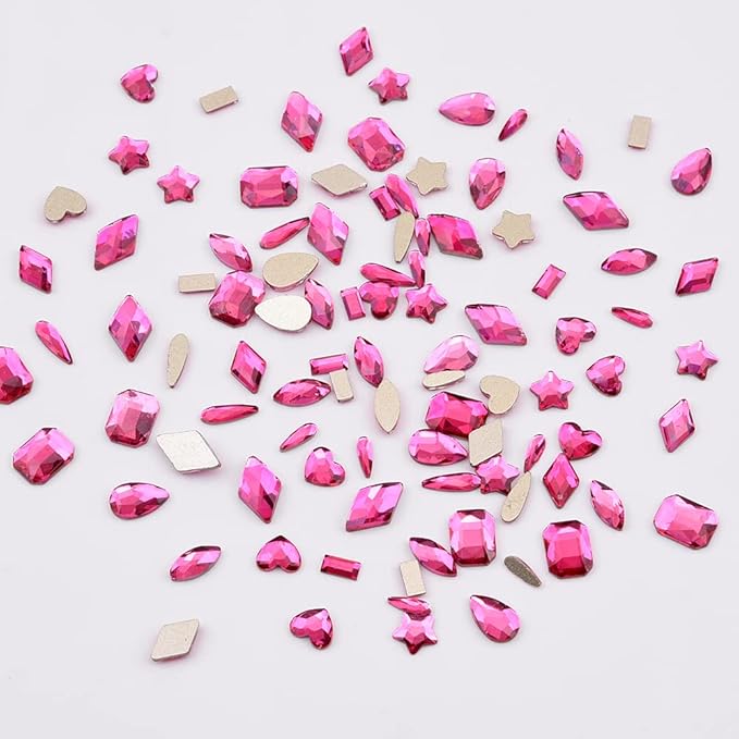 100pcs Fuchsia Glass Nail Diamonds Rhinestones Flatback Multi 10 Different Shape Color Crystals Small and Large Assortment Bulk for Nail Art