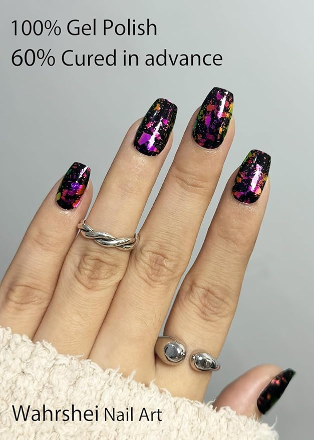 Semi Cured Gel Nail Strips, Purple Gold Foil 20pcs Adhesive UV Sticker, Wraps for Home Manicure DIY