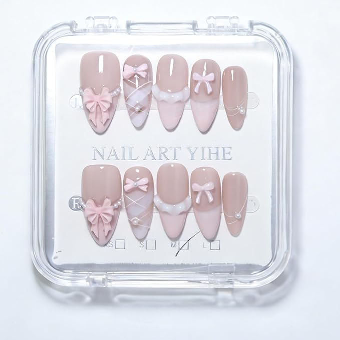10 Medium Almond Handmade Press On Nails | Kawaii Pink Cat Eye Fake Nails with 3D Bow, Argyle & Pearl Accents | Reusable Nails (5U02, M)