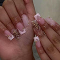 Medium Press on Nails Square - Pink French Tip Fake Nails with Flower Design - Summer Full Cover Stick on Nails for Women - 24 Pcs