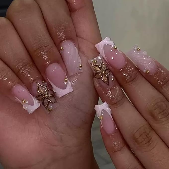 Medium Press on Nails Square - Pink French Tip Fake Nails with Flower Design - Summer Full Cover Stick on Nails for Women - 24 Pcs