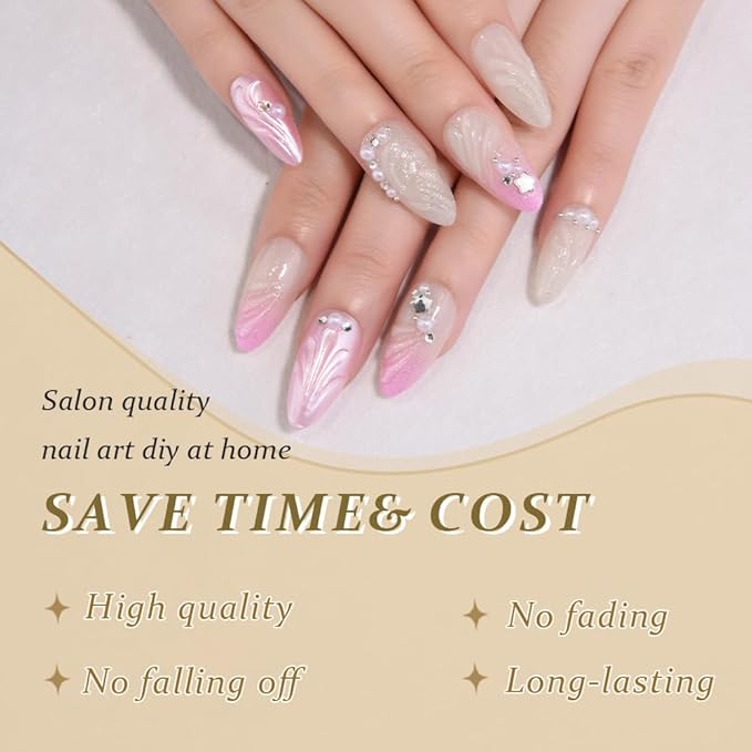 evpct Spring & Summer Press on Nails Medium Almond, Pearl White Pink Fake Nails Press ons with 3D Shell Design, Light Weight Perfectly Fit Nails for Women Gift, Fake Nail Kit with Kits Gel 24Pcs