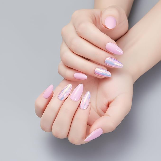 Acrylic Press On Nails Almond - Iridescent Pink Glow False Nails Elegant Durable Salon Quality for Work or Date, 24 Nails in 12 Sizes with Glue, Tabs, File, Prep Pad, Stick