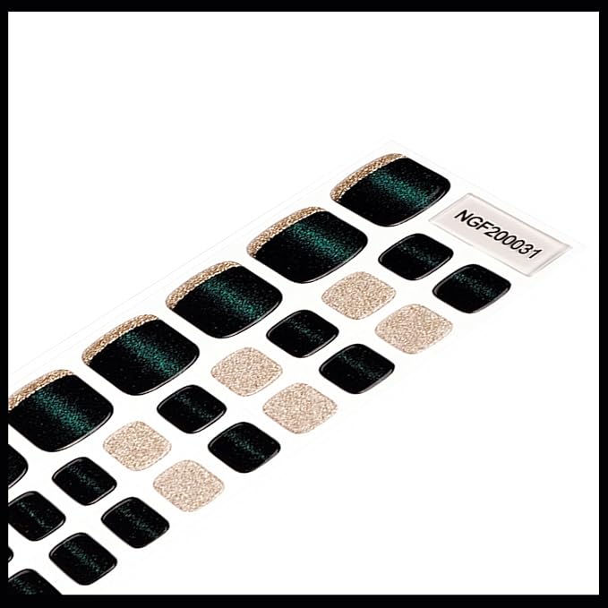 WOKOTO Semi Cured Gel Nail Strips For Toenails, 16 SIZE 32 TIPS Black & Blue Cat Eye Design Toe Nail Polish Strips With Nail File & Wooden Stick, Works With Lamps, Salon-Quality, Long Lasting