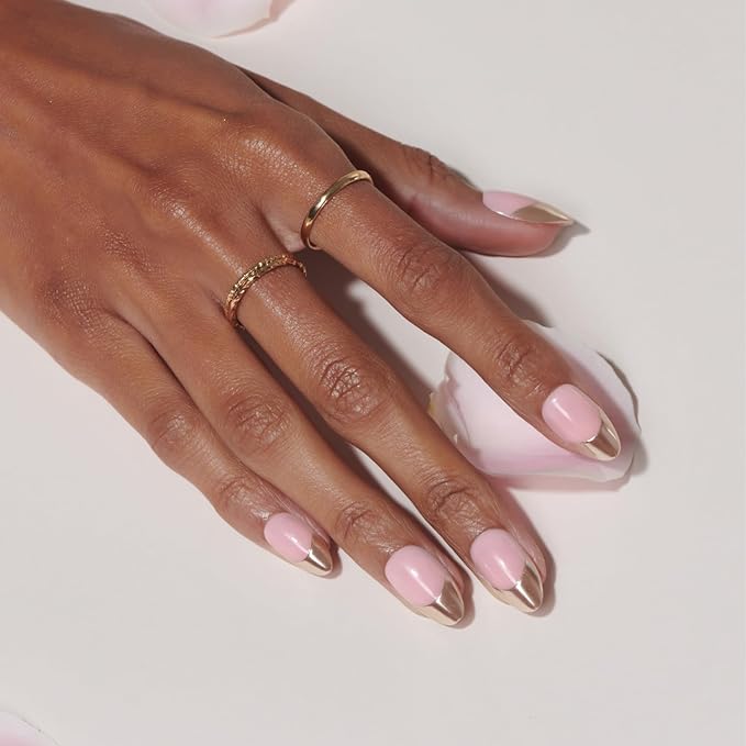 LAMIMOSA 32Pcs Press On Nails Short Almond - Gold French Tip Press on Nails, Soft Gel Fake Nails in 16 Sizes, Reusable Glue on Nails Kit, GOLD BLESSED