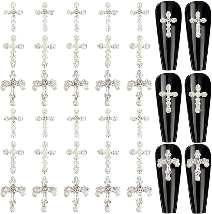 CRASPIRE 60Pcs Cross Nail Charms 3D 3 Style Y2K Metal Alloy Rhinestone Pearl Flat Gems Set Gothic Vintage Punk Studs Decor for Women Nail Art DIY Jewelry Charms Christmas Decoration Crafts Accessories