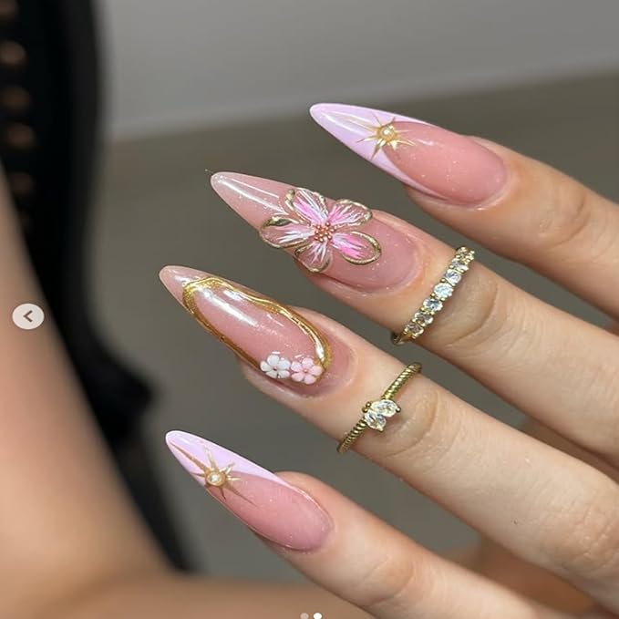 Flower Nail Stickers Decals 5D Embossed Flower Nail Decals Pink Five-Petaled Gold Floral Circle Spring Summer Nail Art Design Bow Tie Flowers Nail Adhesive Decals for DIY Nail Art Decorations 2Pcs