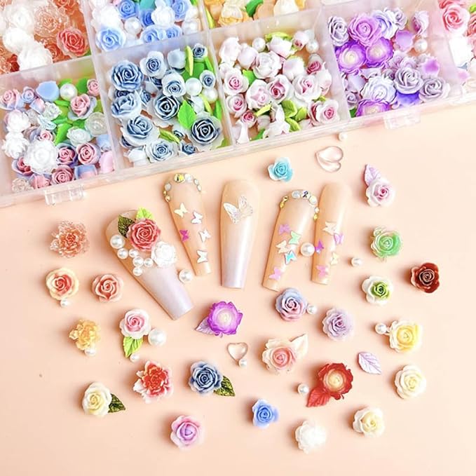24Grid Random Mixed Flower Nail Charms - Colorful Floral Nail Decor Charms With Pearl Leaves & Resin Camellia Rose Designs