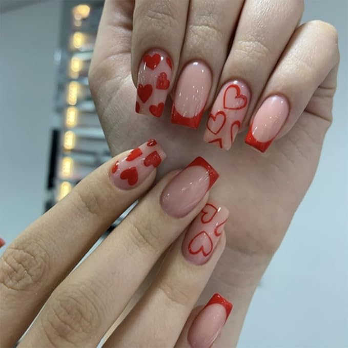 Red French Tip Press on Nails - Medium Square Fake Nails - Red Heart False Nails Press ons - for Women 24 Pcs