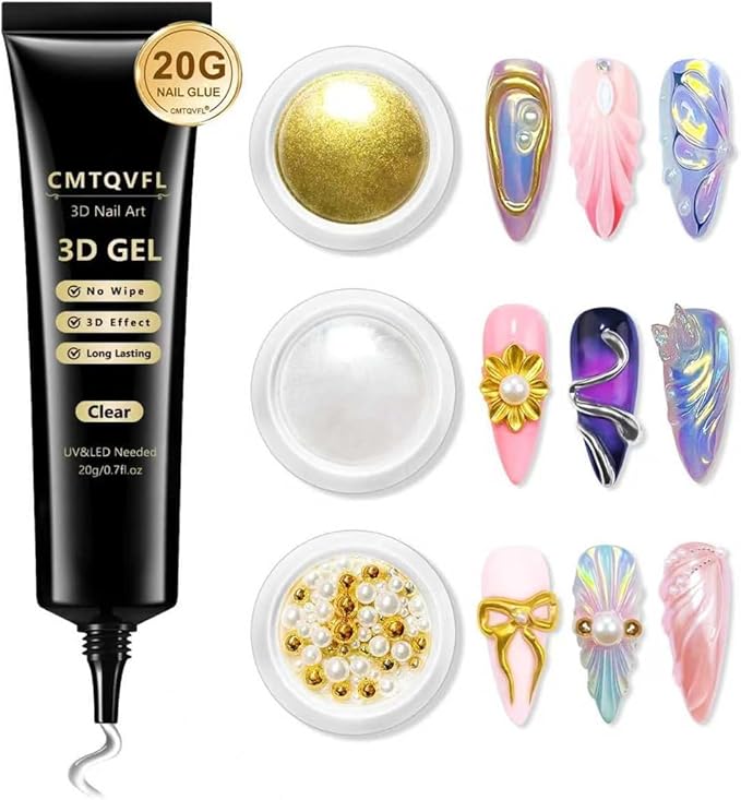 4 in 1 Upgrade 3D Gel Nail Gold Chrome Nail Powder【NO.1 -100% 3D Effect】20g No Wipe 3D Gel Nail Art Sculpture with Glitter Chrome Nail Powder for Home DIY Salon Gifts Women- White Gold