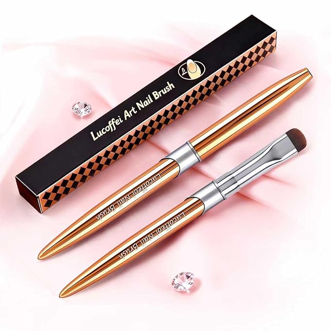 French Brush for Nails & Gel Polish Clean Up, Dual-Use Metal Handle Nail Art Brush with Cap for French Tips, Acrylic, Polygel | Professional Manicure Tool (Gold)
