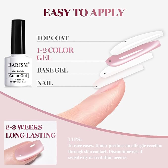 RARJSM Jelly Glassy Pink Cat Eye Gel Nail Polish Set 6Pcs Sparkle Ceramics Diamond Shimmer Nude Pink Colors Velvet Smoothie Cateye Gel Polish with Magnetic Stick Curing Require Home Salon Manicure