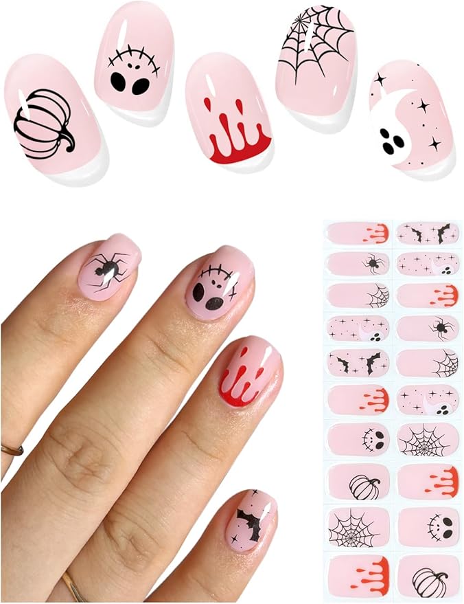 Semi Cured Gel Nail Strips (Trick or Treat), Halloween, Bat Skull Pumpkin, 20 Pcs Pink Gel Nail Wraps, Stickers, Salon Quality, Works With Any UV Lamps