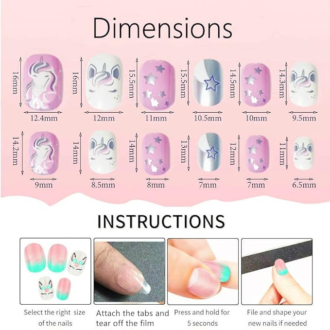 Rain Bingo 72 Pieces False Nails Press on Nails for Kids- Unicorn Short Fake Artificial Full Cover Nail Art Kits Transation with Nail Glue Tabs for Girls Children