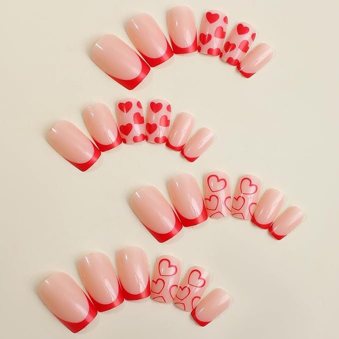 Red French Tip Press on Nails - Medium Square Fake Nails - Red Heart False Nails Press ons - for Women 24 Pcs