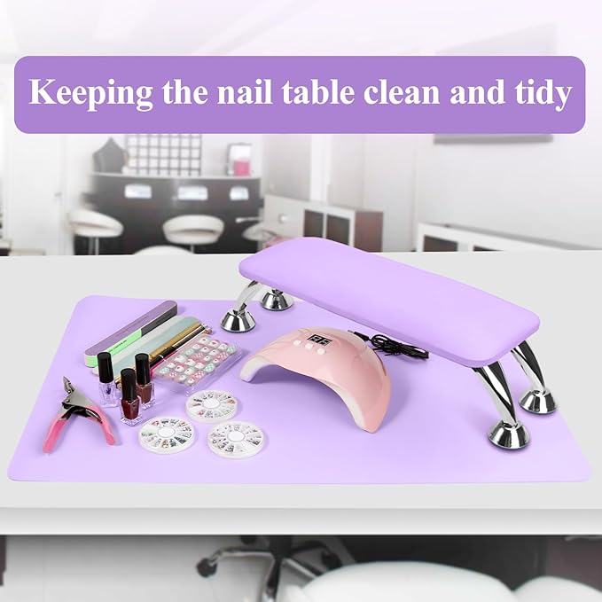 Nail Arm Rest for Acrylic Nails with Nail Table Mat, Microfiber Leather Nail Hand Rest Cushion for Nails, Soft Hand Pillow Footstool with Foldable Nail Art Hand Rest Pad for Nail Tech Use (Purple)