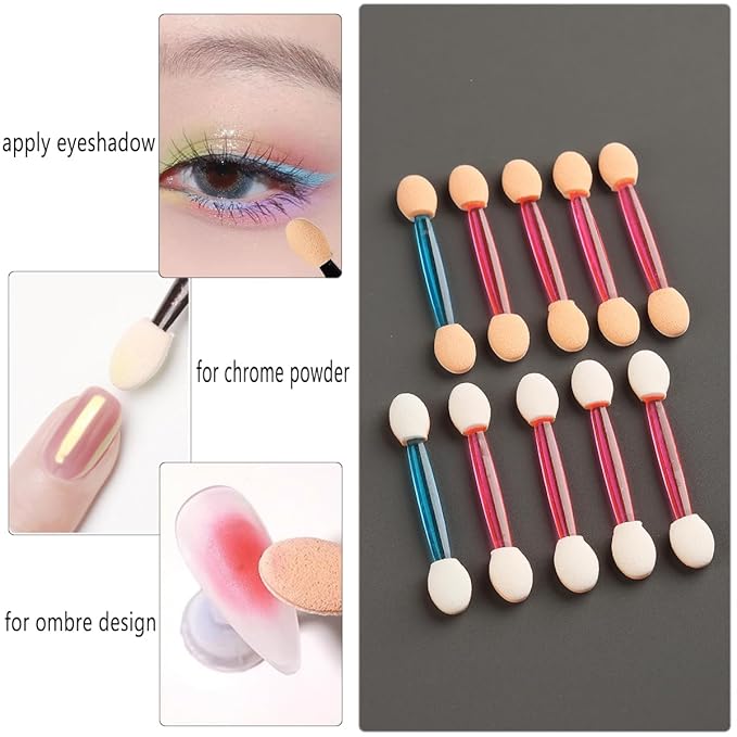 Chrome Nail Powder Applicator Brushes, 100PCS Colorful Disposable Eyeshadow Applicators, Dual Side Eye Shadow Sponge Sticks, Nail Glitter Powder Pigment Pen Brush, Nail Art Applicator Tools