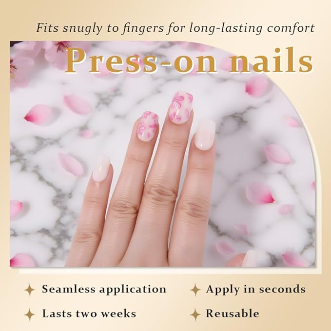 Ivory White Press on Fake Nails Short Square with Peach Flower Design, Glossy Press on Nails for Wide Nail Beds Reusable Manicure for Women Girls, Perfect Fit Stick on Soft Nail Press ons 24Pcs