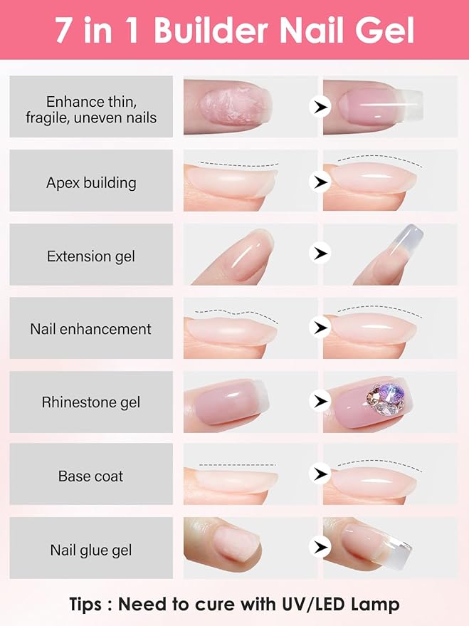 100g Builder Gel for Nails, EBANKU 7 in 1 Clear Builder Nail UV Gel Strengthener Nail Enhancement Building Apex Rhinestone Glue in a Bottle Base Polish Coat for Extension DIY Salon Home