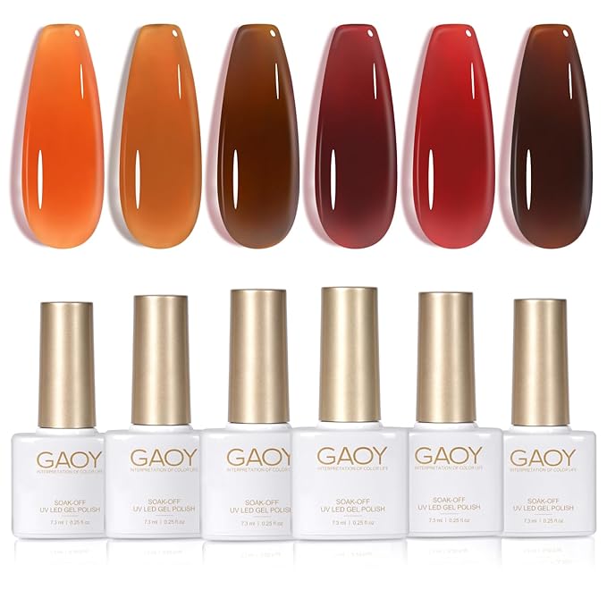 GAOY Jelly Tortoise Brown Gel Nail Polish Set, 6 Transparent Colors Dark Red Orange Pumpkin Soak Off UV Light Cure Gel Polish Kit for Salon and Nail Art DIY at Home