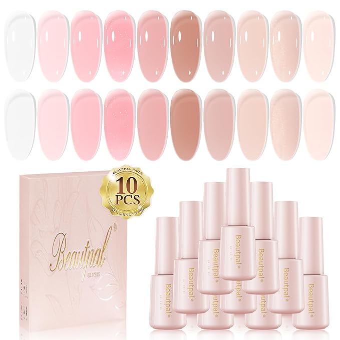 Beautpal Milky White Jelly Nude Gel Nail Polish Set, 10 Transparent Colors Sheer Pink Orange Soak Off UV/LED Lamp Nail Kit for Salon Gel Manicure and Nail Art DIY at Home 7ml