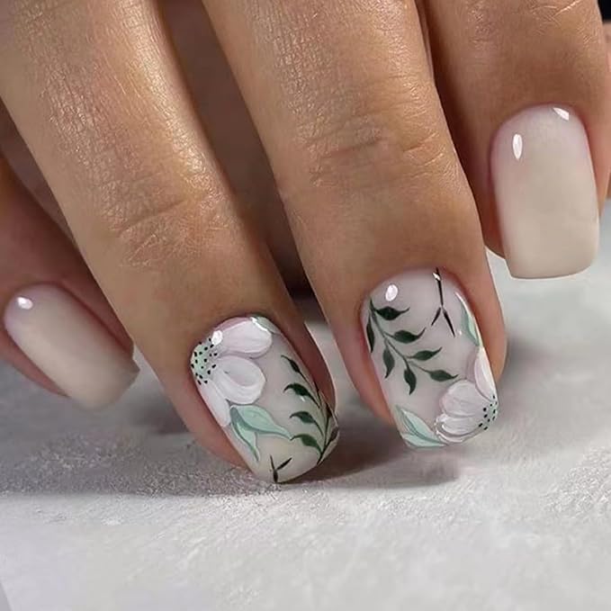 Press on Nails Square Short Fake Nails Press ons Artificial Acrylic Nail Tips Kit Full Cover False Nail with Flowers Leaves Glossy Designs Stick on Nails for Women 24Pcs