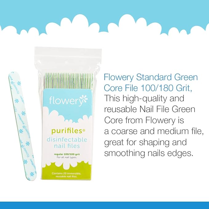 Flowery Green Core Disinfectable Nail Files, 100/180 Grit, 20 per Pack