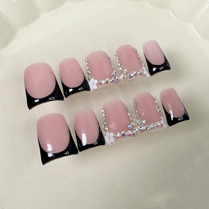 10 Pcs Handmade Press on Nails Short Square 3D Flower & Rhinestone False Nails Design Black French Tip Fake Nail Full Cover Muti-Layer Gel Acrylic Stick on Nail for Women Manicure (Size M)