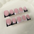 10 Pcs Handmade Press on Nails Short Square 3D Flower & Rhinestone False Nails Design Black French Tip Fake Nail Full Cover Muti-Layer Gel Acrylic Stick on Nail for Women Manicure (Size S)