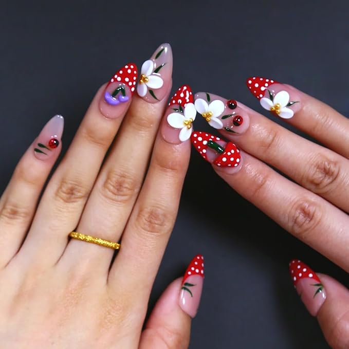 Easter Press on Nails Handmade Medium Length Almond Fake Nails, Spring 3D mushroom Rabbit False Nails Salon Nail Tips,10 Pcs Reusable Artificial Nails(Size M)