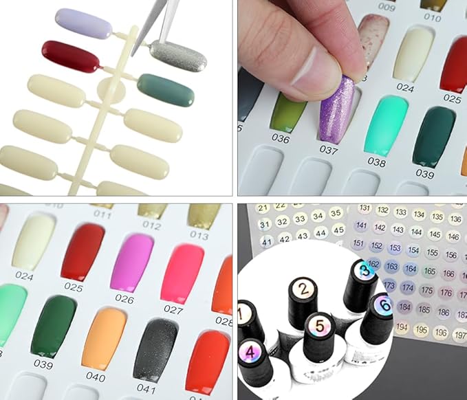 216 Colors Nail Swatches Book with 240 Nail Tips and Number Labels Leather Nail Gel Polish Display Book Nail Painting Practice Design Board No Need Pasting, No Need Glue