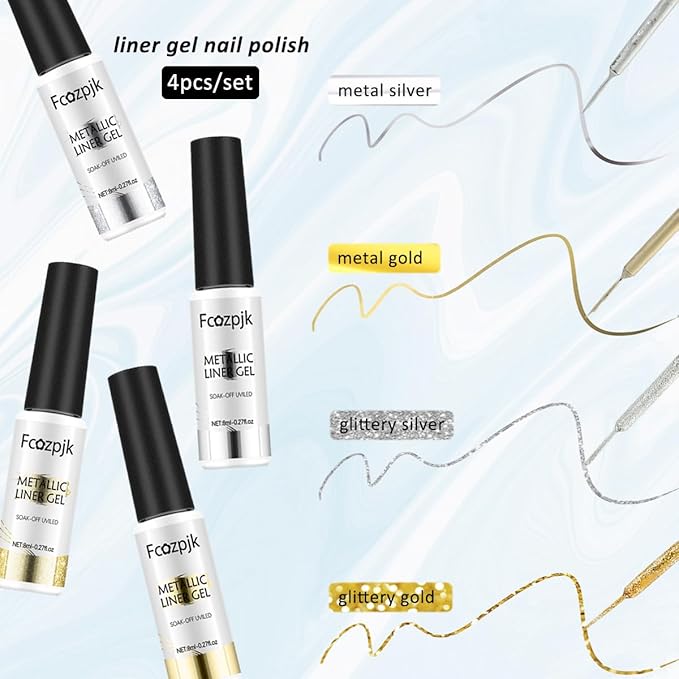 Gold And Silver Gel Nail Polish 4PCS Metallic Liner Nail Art Polish Mirror Chrome Effect Metal Paint French Tips Wave Flower Dotting Drawing Nail Polish With Thin Brush