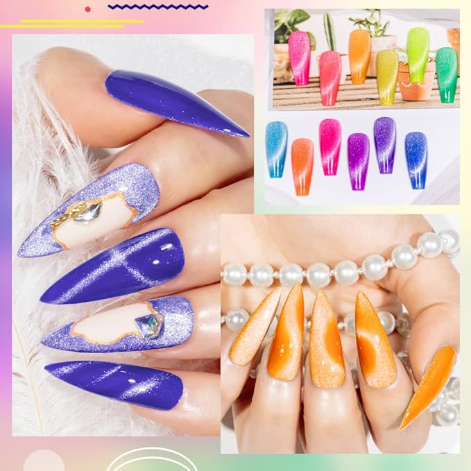 MIZHSE Neon Cat Eye Gel Polish Kit with 3D Metal Stick - 12-Color Glitter Magnetic Gel Polish Set Red Yellow Green Hot Pink Purple - Bright Nail Art Manicure Gift for Women