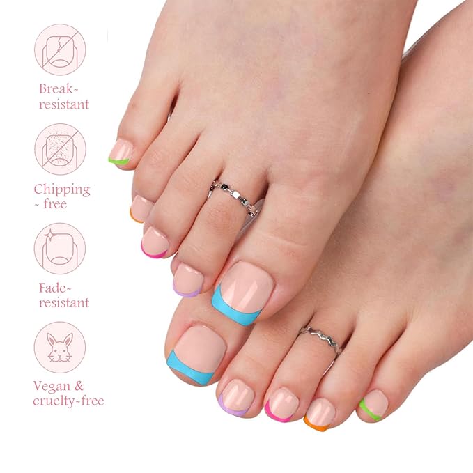 Press on Toenails Short, OPkssnails 150pcs Brighter French Tip Press On Toenails for Women, Pre-Designed Soft Gel Toe Nail Press Ons, Soak Off Acrylic Fake Toenail Extensions in 15 Sizes